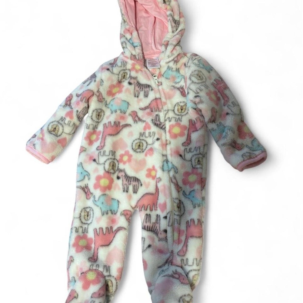 Little Beginnings Hooded Fleece Footed Pram Sleeper Pink Animal Print 0-3 Months